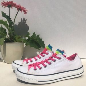 Women’s White Converse with multi-color tongue, 7